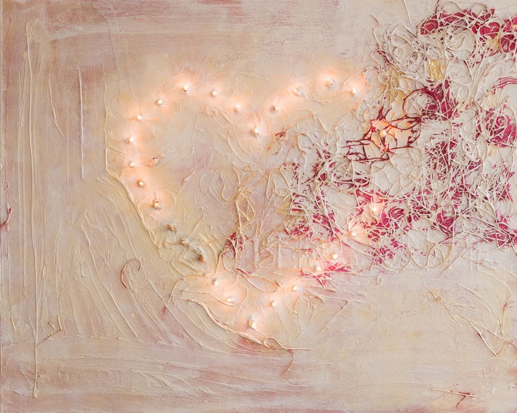 Schilderij Verlicht hart - Abstract, mixed media, 80 x 100 cm met (kerst)lichtjes