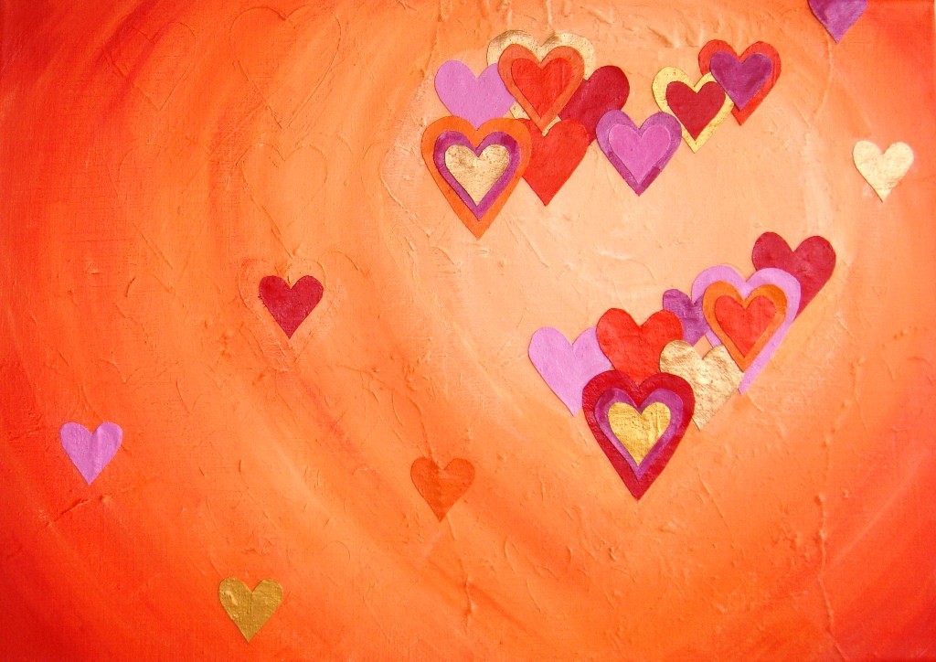 Abstract, kleurrijk 3D schilderij van 70 x 100 x 4 cm met een hart van linnen hartjes erop