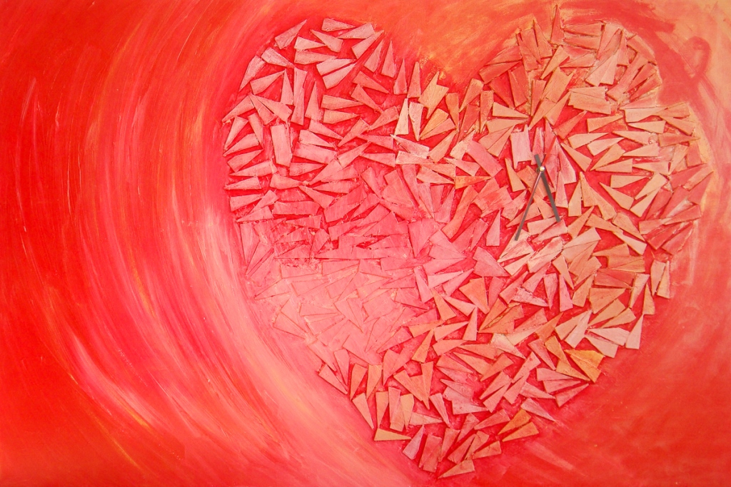 Rood schilderij Tikkend hart van Marloes van Zoelen - met een quartz uurwerk erin