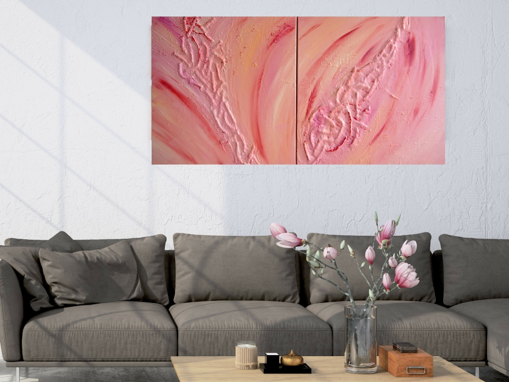 Tweeluik schilderij Doorbroken hart boven grijze bank - Marloes van Zoelen