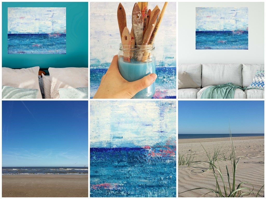 Zee van vrijheid is een schilderij met structuur van 80 x 100 cm in blauw, turquoise, roze en wit met zand van Texel erin verwerkt - Marloes van Zoelen - sfeercollage