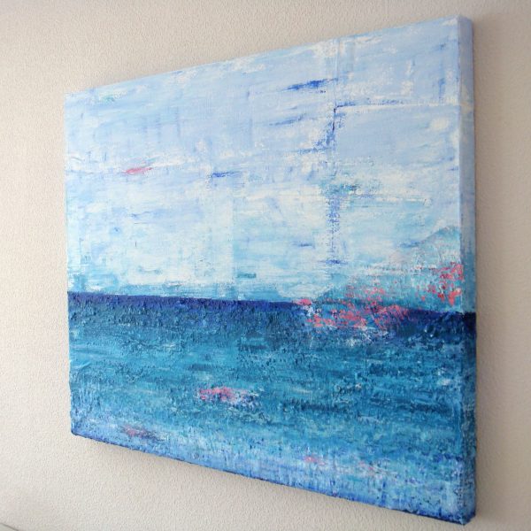 Zee van vrijheid is een schilderij met structuur van 80 x 100 cm in blauw, turquoise, roze en wit met zand van Texel erin verwerkt - Marloes van Zoelen