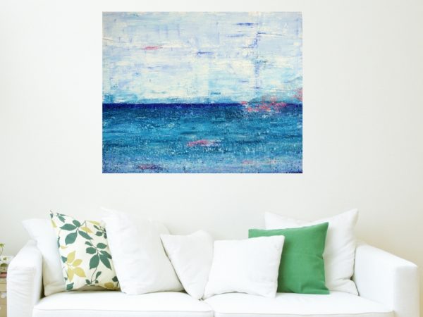 Schilderij van de zee 'Zee van vrijheid' is een schilderij met structuur van 80 x 100 cm in blauw, turquoise, roze en wit met zand van Texel erin verwerkt - Marloes van Zoelen