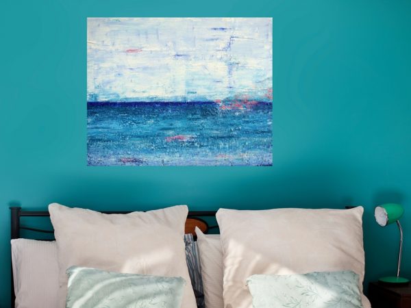 Schilderij van de zee 'Zee van vrijheid' is een schilderij met structuur van 80 x 100 cm in blauw, turquoise, roze en wit met zand van Texel erin verwerkt - Marloes van Zoelen
